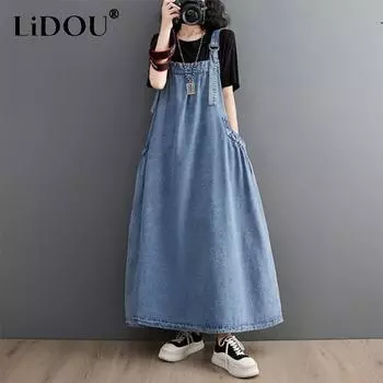Summer Loose Casual Fashion Denim Slip Dress Ladies Sleeveless Harajuku Y2K All-match Pocket A-line Robe Women Vestidos L синий