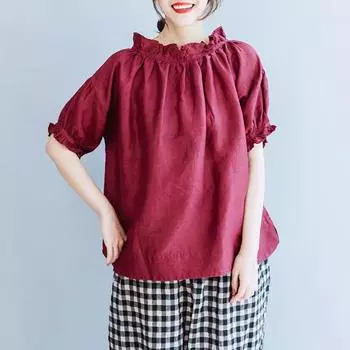 Summer Loose Solid Cotton Linen Lace Collar Short Sleeved Shirt Blouse M