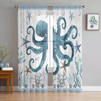 Summer Marine Life Coral Sea Turtles Window Tulle Curtains for Living Room Bedroom Hotel Luxury Decoration Sheer Curtains 135W x 114H(cm)