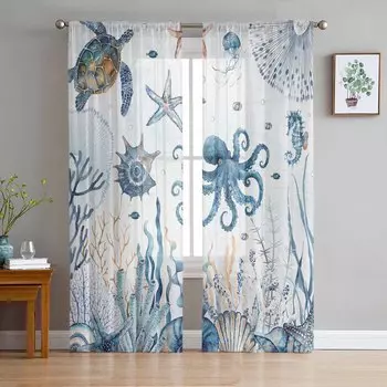 Летние шторы из тюля для окон с изображением морской звезды и морской жизни для гостиной, спальни, отеля, роскошного украшения, прозрачные шторы 135W x 114H(cm)
