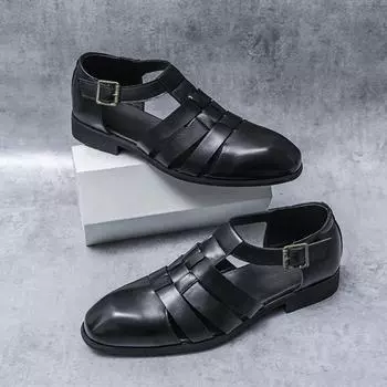 Summer Men Genuine Leather Antiskid Sandals Casual Leather Hollow Soft Bottom Breathable Outdoor Shoes Classic Fashion Sandals 38 чёрный