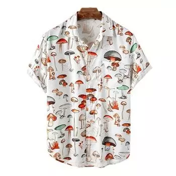 Summer Men Hawaiian Style Shirt Casual Streetwear Turn-down Collar Short Sleeve Cartoon Mushroom 3D Printed Shirt S белый