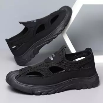 Summer men s breathable bag head sandals hollow mesh hole shoes outdoor non-slip lightweight sports leisure beach shoes 39 чёрный