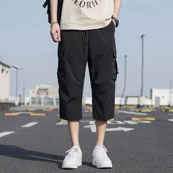 Summer Men s Cargo Shorts Multi-Pockets Sportswear Breathable Quick Dry Calf-Length Capris Pants Loose Breeches Shorts XXXXXL чёрный