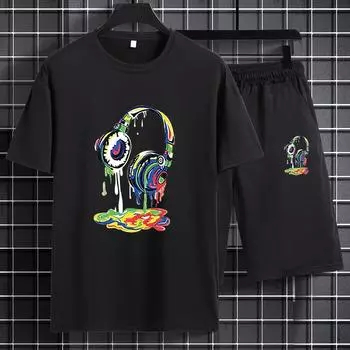 Summer Men s Clothing Set, Fashionable Short-sleeved T-shirt Paired with Casual Leggings Shorts S