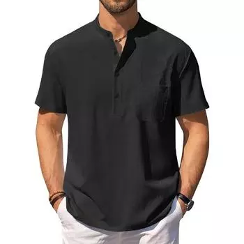 Summer Men s Cotton Linen T-Shirt Lightweight Breathable Beach Style Tees Short Sleeve Casual Hawaii Vacation Tops S чёрный