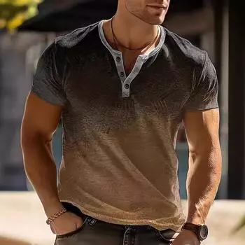 Summer Men s Daily Casual Striped Gradient Color Henry Collar Short Sleeved Henry Shirt S светло-серый