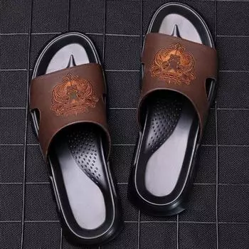 Summer Men s Genuine Leather Slippers Men Flip Flops Male Beach Sandals Man Outdoor Leisure Non-slip Men Home Slippers 39 чёрный
