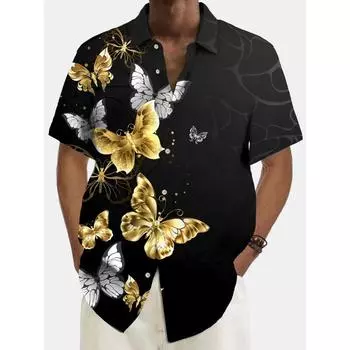 Summer Men s Hawaiian Shirts 3D Printed Butterfly Button Up Art Short Sleeve Tee Tops Fashion Beach Shirt Vacation Daily S