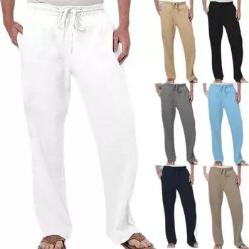 Summer Men s Hip Hop Breathable Linen Loose Casual Sports Solid Color Elastic Rope Straight Leg Pants S белый