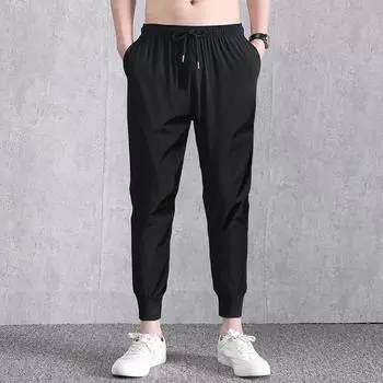 Summer Men s Ice Silk Cropped Pants with Elastic Small Legs Straight Through Closure Pants Sports Quick Drying Casual Pants M