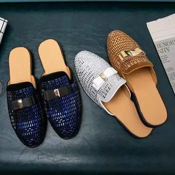 Summer men s large size bright diamond bag head slippers Korean version personalized versatile rhinestone lazy without heel small leather shoes 38