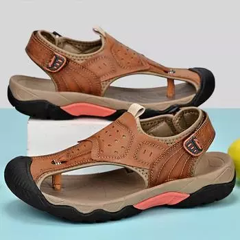 Summer men s leather sandals bag head cut line fashion trend hole shoes men s beach breathable top layer casual shoes 38 коричневый