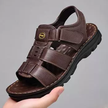 Summer Men s Leather Sandals Casual Business Sandals Thick-soled Beach Shoes Non-slip Wear Resistant Open-toe Sandals for Men 38 чёрный