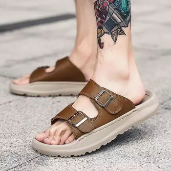 Summer men s Leather Sandals Fashionable and versatile design styles Leisure outdoor beach walking breathable men s slippers 38 чёрный