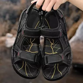 Летние мужские кожаные сандалии для отдыха на открытом воздухе с открытым носком, пляжная обувь, большой размер, на толстой подошве, на липучке, классные тапочки 38