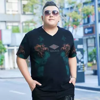 Летняя мужская свободная хлопковая футболка с v-образным вырезом Fat Fat Trend, рубашка с короткими рукавами и принтом, нижняя рубашка 195 2XL чёрный