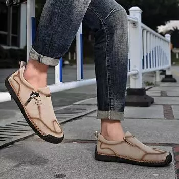 Летние мужские туфли из натуральной кожи NUBUCK, сшитые вручную, повседневные, дышащие, легкие, удобные, мокасины, повседневная обувь для вождения 38 бежевый