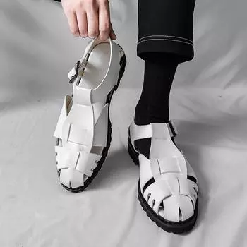 Summer Men’s Sandals Black Dress Close Toe Shoes Casual Stylish White Leather Roman Sandals Plus Size EU: 38 чёрный