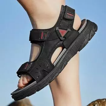 Summer Men s Sandals Breathable Genuine Leather Outdoor Sandals handmade Men s Summer Casual Shoes Men Slippers man Sandals 6.5 чёрный