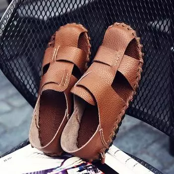 Summer men s sandals Low-cut leather flat-bottomed beach shoes, large size handmade stitching hole shoes H368 6 чёрный