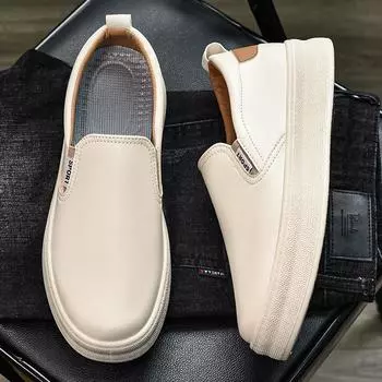 Summer men s shoes heightened thick-soled low-top one-pedal board shoes couple shoes breathable casual sports leather white shoes 36 бежевый