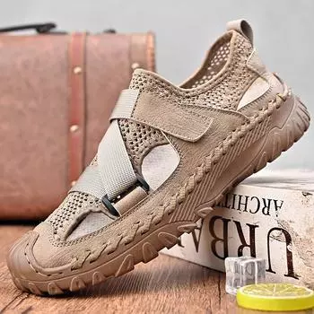 Summer Men s Shoes Hollow Mesh Breathable Men s Casual Shoes Versatile Sandals Sleeve Lazy Shoes Big Shoes 38 песочный