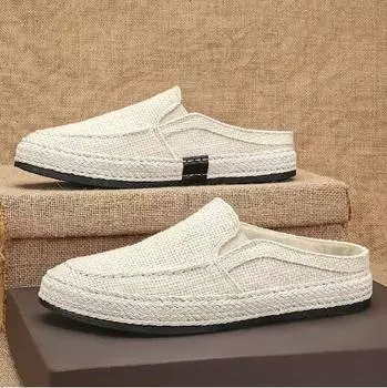 Summer men s shoes slip-on loafers half slipper men s casual slippers Student linen hipster shoes men s style M1003 39 бежевый