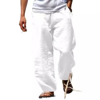 Summer Men s Slacks Men s Solid Color Thin Cotton Hemp Casual Straight Pants Men M белый