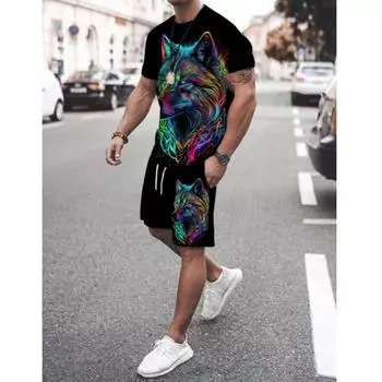 Летний мужской спортивный комплект из двух предметов: футболка с короткими рукавами и шорты с 3D-линиями, повседневный и праздничный комплект XL