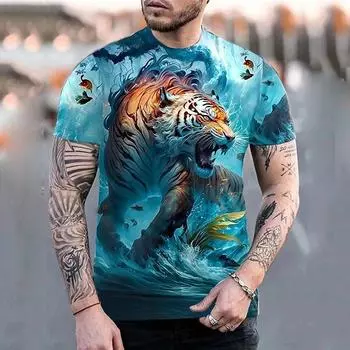 Summer Men s T-shirt Animal Lion Tiger Round Neck Clothing 3D Printed Outdoor Daily Short Sleeved S