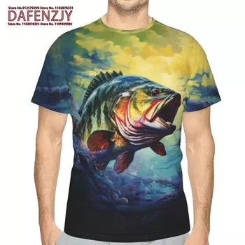 Летняя мужская футболка с принтом «Рыба» 3D Футболка 2024 Мужские футболки Повседневные свободные футболки в уличном стиле Топы с коротким рукавом S синий
