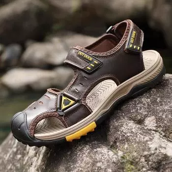 Summer men s tide handmade leather rubber outsole outdoor baotou anti-collision beach driving sandals 38 чёрный