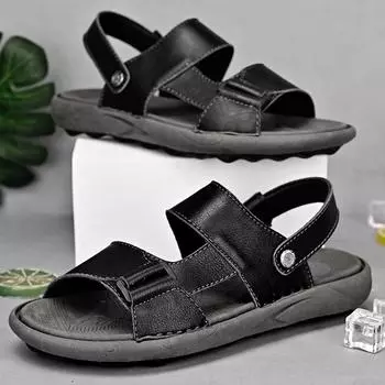 Summer Men s Top Layer Cowhide Beach Sandals Men Casual Beach Shoes Soft Sole for Comfort and Breathability Outdoor Sandals Man 38 чёрный