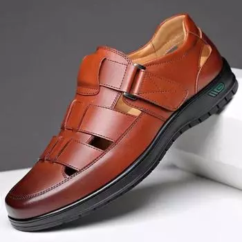 Summer Men Sandals Cozy Hollow Non-slip Soft Cool Flats Men Breathable All-match Classic Wearable Fashion Casual Leather Sandals 39