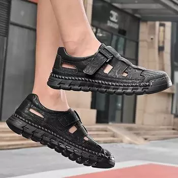 Summer Men Sandals Handmade Leather Mens Casual Shoes Outdoor Non-slip Sandals for Men Beach Shoes Beach Roman Men s Footwear 38 чёрный