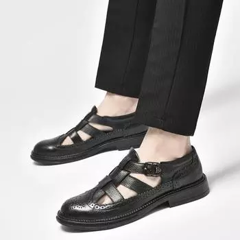 Summer Men Sandals Leisure Beach Slipper Men s Casual Shoes Genuine Leather Sandals for Male Buckle Roman Sandalies size 38-44 38 чёрный