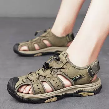 Summer Men Sandals SplitLeather Mens Casual Shoes Outdoor Men Leather Sandals for Men Beach Shoes Roman Shoes Plus Size 38-46 38 бежевый