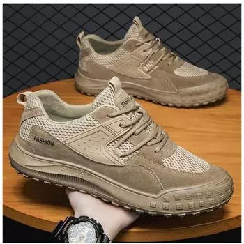 Summer Men Shoes 2024 New Breathable Mesh Men Non-slip Wear-resistant Casual Sneakers Thick Sole Work Shoes Zapato Para Hombre 39 хаки