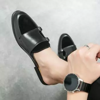 Summer Men Shoes Black/Green Men Half Slippers High Quality Men Leather Casual Shoe Loafers Flip Flops Lightweight Flats Sandals 38 чёрный