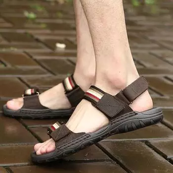 Summer Men Shoes Cowhide Leather Sandalias Beach Sandals Outdoor Men s Sandals Breathable Waterproof Flat Sole Casual Footwear 38 коричневый