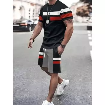 Summer Men Solid Color T-Shirt Shorts Set Fashion Stripes Printed Tracksuit Male 2 Pieces S
