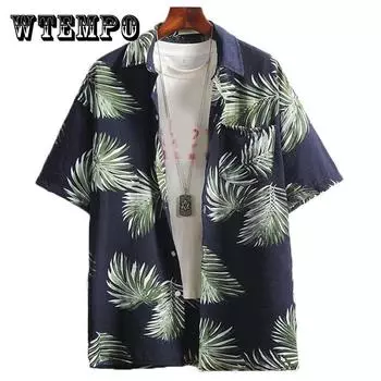 Летние мужские футболки, пляжная рубашка с принтом листьев, футболка больших размеров, свободная рубашка с коротким рукавом, ретро-одежда, повседневное мужское нижнее белье, топ на пуговицах XXL
