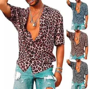 Летняя мужская футболка с леопардовым принтом и V-образным вырезом, повседневная свободная футболка, блузка S красный