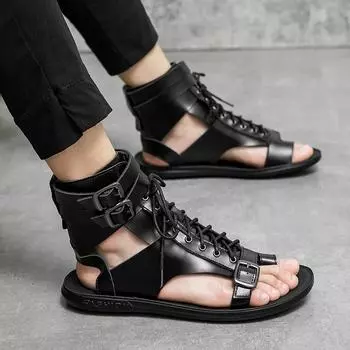Summer Mens Sandals New Designer High Top Outdoor Sandals for Men Casual Shoes Roman Style Leather Walking Beach Shoes Mocassin 38 чёрный
