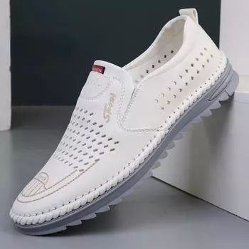 Summer Mens Shoes Casual PU Men Loafers Flat Hollow Out Breathable Driving Shoes Retro Slip on Moccasins Zapatillas Hombre 38 белый