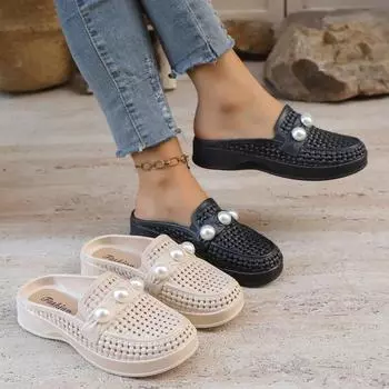 Summer Mesh Braided Women s Shoes Fashionable Breathable Toe Slippers Casual Women s Toe Wedge Sandals 36 абрикосовый