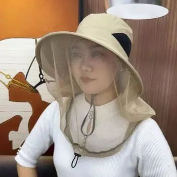 Summer Mesh Integrated Sun Protection Sun Bucket Hat Outdoor Fishing Tea Picking Hiking Anti Mosquito UV Big Brim Khakis (mosquito cap)