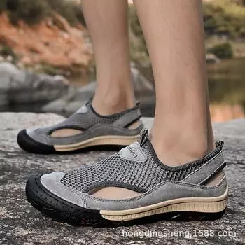 Summer mesh shoes light and breathable casual men s shoes without belt loose lazy fat foot shoes summer mesh outdoor shoes men s shoes 38 хаки