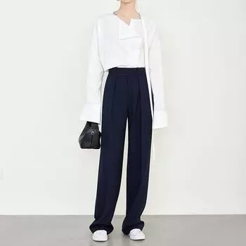 Summer Moka Dark Blue Suit Pants Slim Looking High Waist Loose Pants Extended Version Woollen Trousers Old Money Style Pants for Women 7530 Navy blue(In stock) S